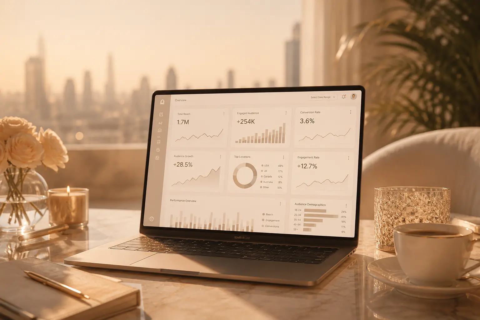 Modern analytics workspace showing growth and performance tracking for marketing and promotion
